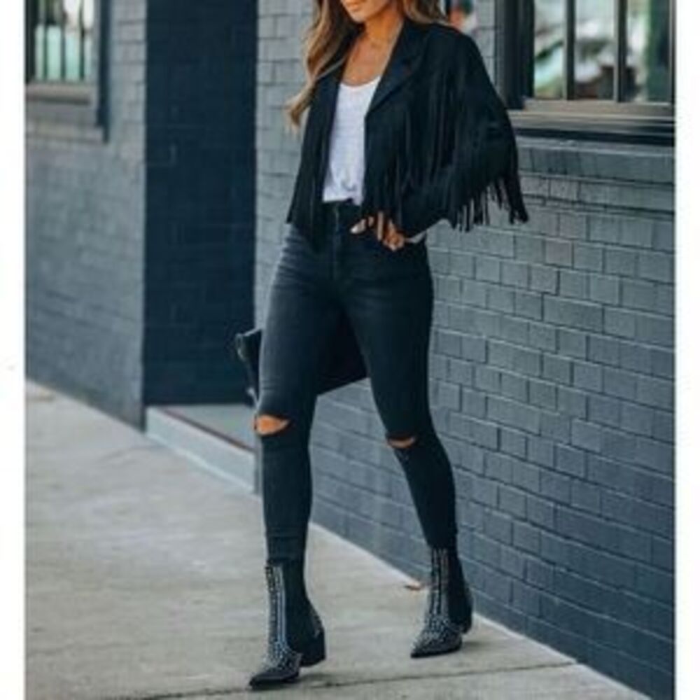 Black Fringe Women's Jacket faux suede blazer - Picture 5 of 5